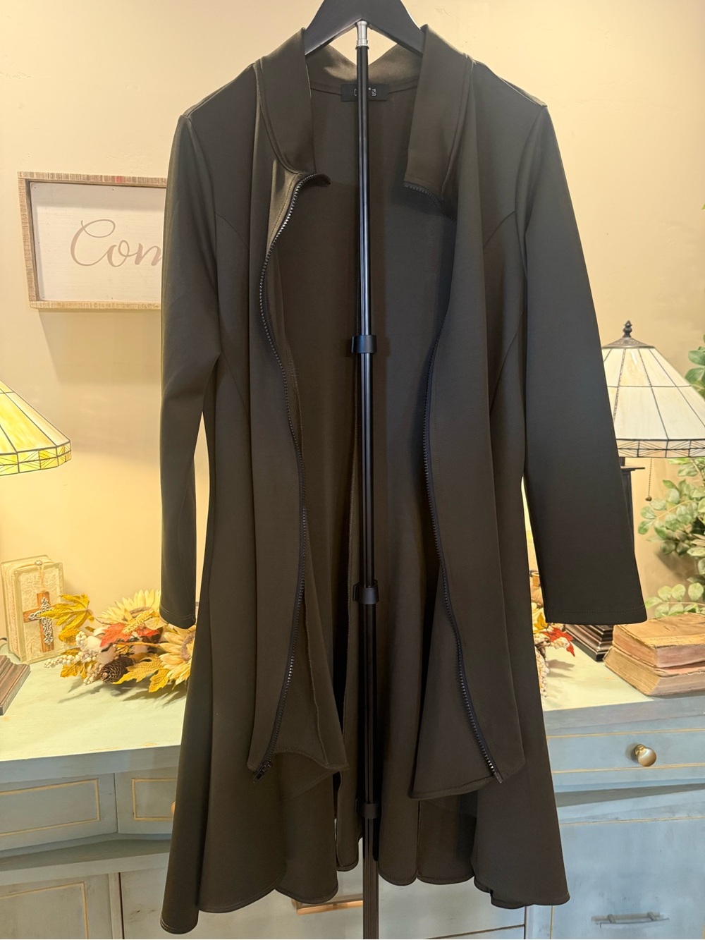 Comfy USA Green Longline Flare Jacket Zip Front Lagenlook Size L